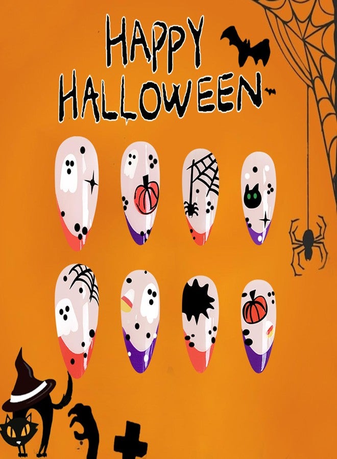 UCCASA Halloween Almond Press on Nails French Tip Fake Nails Short Almond Acrylic Full Cover False Nails Glossy Pumpkin Ghost Glue on Nails Orange Purple Nail Tips Stick on Nails Artificial Nails for Women - Image 5
